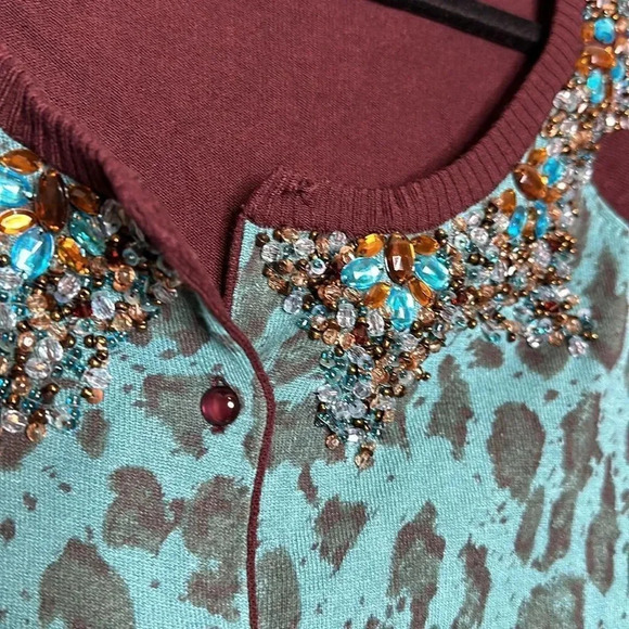 Ladies Leopard Turquoise/Brown Cardigan w/Jeweled Neckline Sz M Excellent Cond - Picture 5 of 7